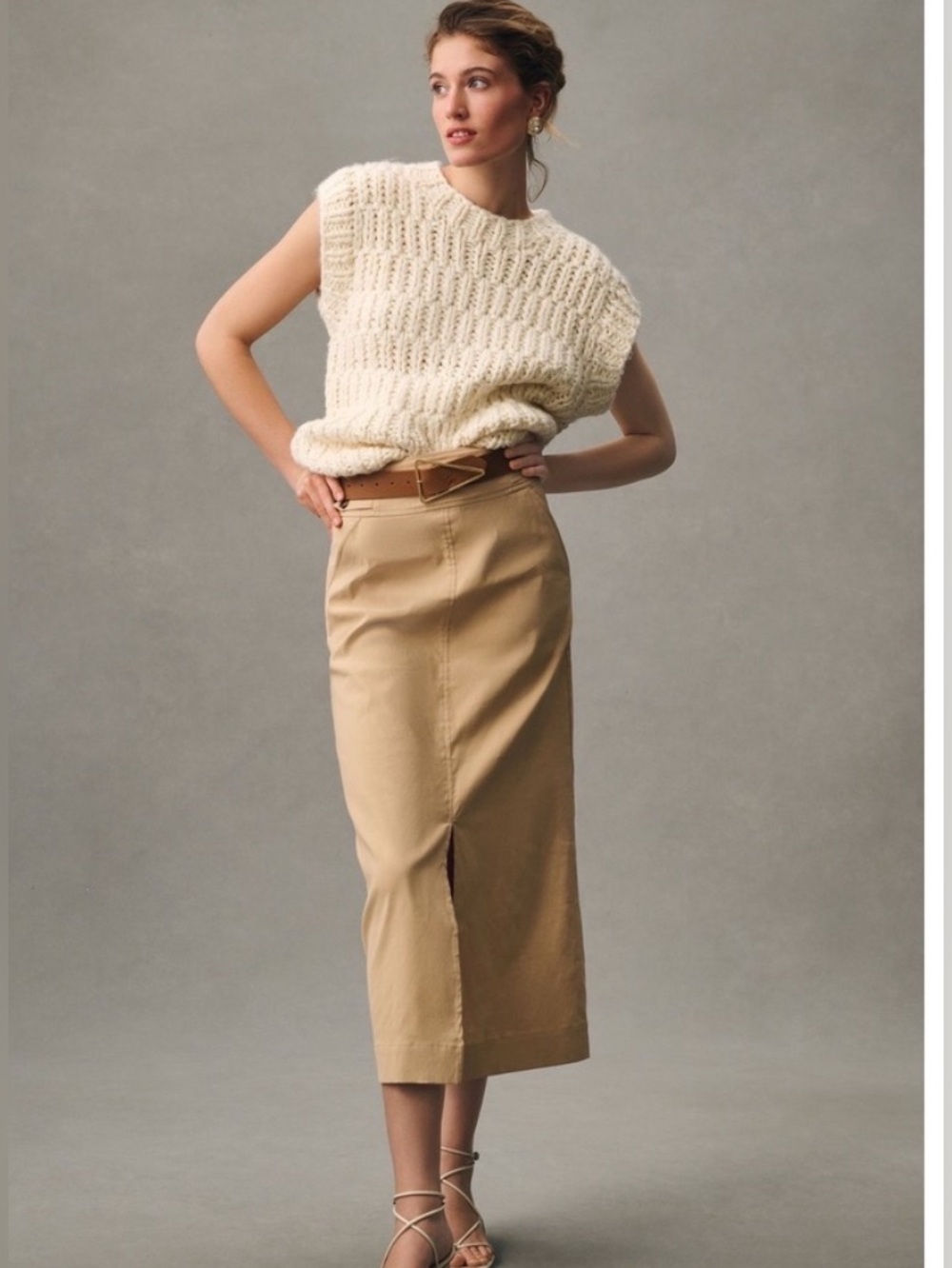 Anthropologie Beige/Tan Pencil Skirt with Buttoned Waist detail